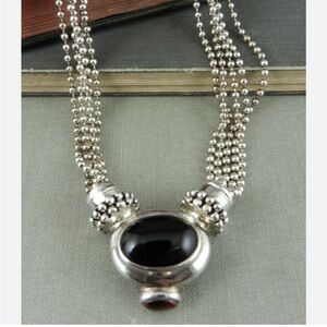 Joseph Esposito Onyx & Amber Elegant Sterling Silver Snap Beaded Necklace 16”